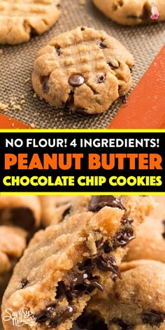 no flour 4 ingredients peanut butter chocolate chip cookies on a baking sheet with text overlay