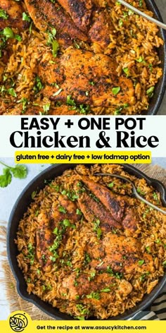 one pot chicken and rice in a skillet with the words easy one pot chicken and rice