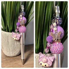 two pictures of a plant with beads and charms attached to the top of it, next to a potted plant