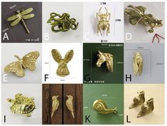 many different types of gold brooches are shown in the pictures above and below