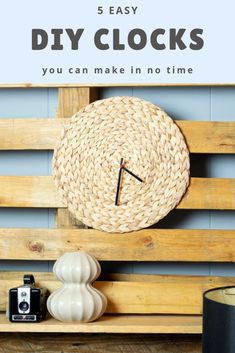 a clock sitting on top of a wooden shelf