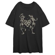 If you're looking for the hottest new trends, you're in the right place! Take your everyday style to the next level with this new Juniors' Skeleton Disco Dancers Graphic Oversized T-shirt from Lost Gods! This unique tee features two skeletons happily dancing along a heart-shaped disco ball and stars across the front. Make everything from workouts to running errands, or even just lounging around the house a little extra chic! Two Skeletons, Oversized Graphic Tee, Lace Print, Concert Tshirts, Oversized T Shirt, Disco Ball, Oversized Tee, Tee Design, Black Media