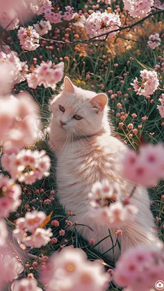 a white cat is sitting in the middle of pink flowers and looking at the camera