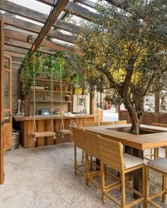 an outdoor dining area with wooden tables and chairs under a pergolated roof, surrounded by potted trees