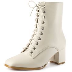 Shop Allegra K for square toe lace up chunky heel ankle zipper combat boots you are looking for, get more women's chunky heel for yourelf. Order now! Free Returns! White Lace Boots, Lace Up Chunky Heels, Cream Colored Boots, Heels Block Heel, Oc Group, Boho Wedding Shoes, Ouji Fashion, Boots Cream, Ankle Combat Boots