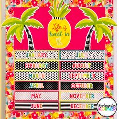 a bulletin board with pineapples and palm trees on the front, in bright colors