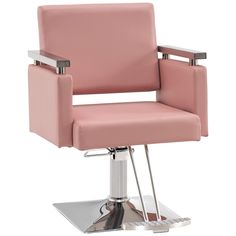 a pink chair sitting on top of a metal base