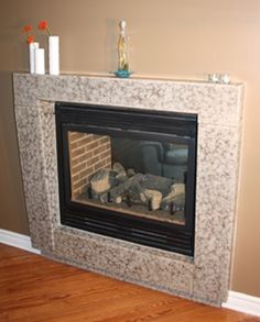 a fireplace in a living room with wood floors