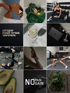 a collage of photos with women doing yoga, diets and healthy foods in them