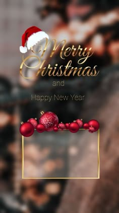 a merry christmas and happy new year greeting card with red balls on a gold frame