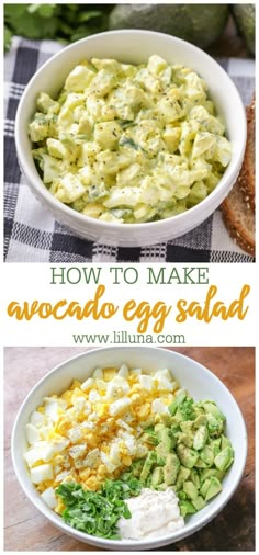 an egg salad with avocado and cheese in a white bowl