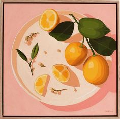 a painting of lemons on a plate with leaves and petals, against a pink background