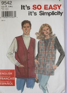 a man and woman wearing vests on the front of a sewing pattern for a women's jacket