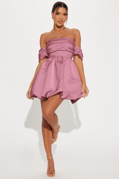 Available In Mauve. Satin Mini Dress Off shoulder Short puff sleeves Pleated bodice Bubble hem Hidden back zipper Lined non stretch Length = 33" Shell/Lining: 100% Polyester Imported | Valeria Satin Bubble Mini Dress in Mauve size Small by Fashion Nova Mini Dress Off Shoulder, Dresses Hoco, Dresses Fashion Nova, Dress Off Shoulder, Mauve Dress, Bubble Hem, Pleated Bodice, Satin Mini Dress, Hoco Dresses