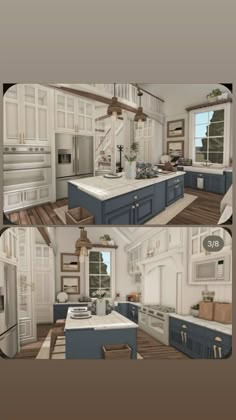 three different views of a kitchen with blue and white cabinets