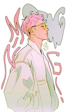 a drawing of a man with pink hair and glasses