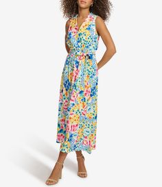 Kensie Floral Notch Collar Surplice V-Neck Sleeveless Tie Waist Wrap Midi Shirt Dress | Dillard's Quick Saves