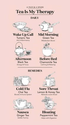 a menu for tea is shown in black and white on a pink background with the words'tea is my therapy daily '