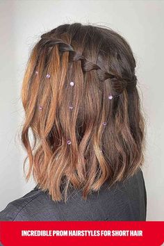 Short Wispy Waterfall Braid with Gems for Prom Waterfall Braid Prom, Easy Braided Updo, Hairstyle For Prom, Hairstyle For Short Hair, Hairstyle For Short, Loose French Braids, Side Bun Hairstyles, Prom Hairstyle, Ponytail Hairstyle