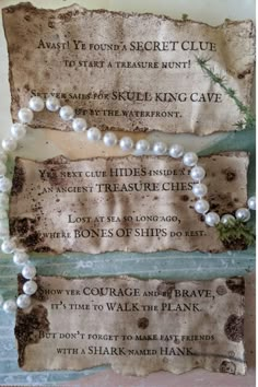 three pieces of paper with pearls on them and some words written in different languages next to each other