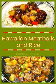 hawaiian meatballs and rice with text overlay