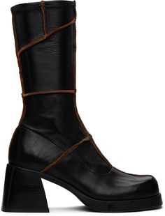 Mid-calf vegetable-tanned stretch grained lambskin boots in black. · Overlock stitching throughout · Paneled construction · Square toe · Zip closure at inner side · Memory foam insoles · Vegetable-tanned buffed leather lining · Leather block heel with rubber injection · Leather sole with rubber injection · Heel: H2.75 Supplier color: Raven Dada Boots Unif, Felmini Boots, Miista Boots, Black Stitch, Black Mules, Heron Preston, Pull On Boots, Leather Block Heels, Mid Calf Boots