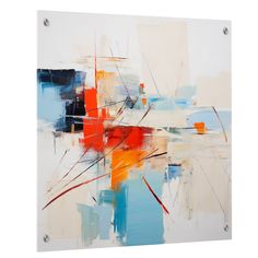 an abstract painting with blue, orange and white colors