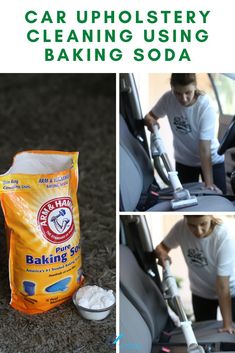 a collage of photos showing how to use car upholstery baking soda