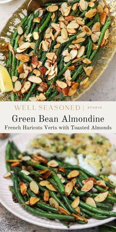 green beans and almonds are served on a white plate with lemon wedged bread