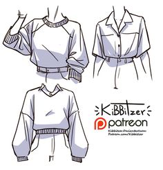 the front and back view of a shirt with buttons on it, in three different styles