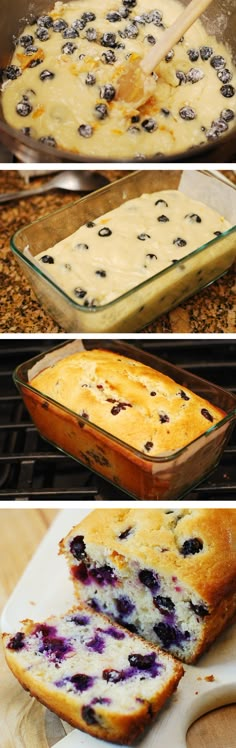 blueberry bread is being baked in the oven and then topped with fresh blueberries