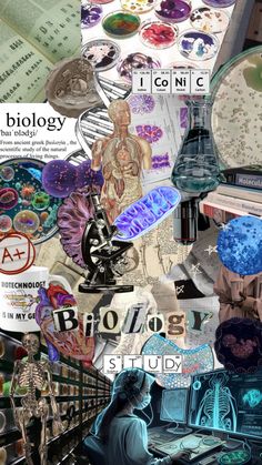 a collage of images with various items in them including books, papers and microscopes