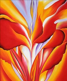 an abstract painting of red and yellow flowers