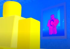 an abstract image of a pink bear in front of a blue and yellow wall with a painting on it