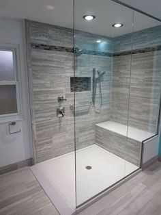 a walk in shower sitting inside of a bathroom