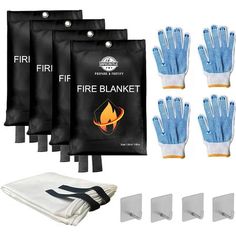 five packs of blue and white gloves next to each other with the words fire blanket on them