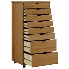 a wooden drawer with six drawers on wheels