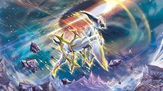 an image of a white pokemon in the sky with mountains and stars around it, as if from outer space