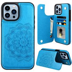 an iphone case with a flower design on the front and back, in blue leather