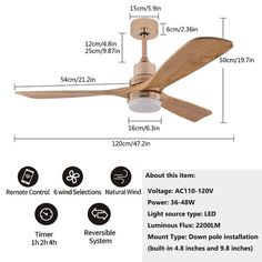 a ceiling fan with light and remote control, measurements for the blades on each blade