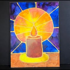 a painting of a candle on a table with a sun in the background and blue sky