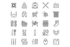 knitting and crochet related icons set - miscellaneous objects / items are grouped together