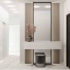 a bathroom with a mirror, stool and plant in it