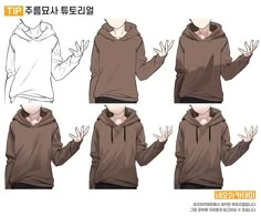 four different views of a woman's hoodie with her hands in the air