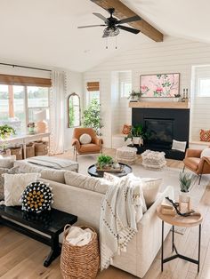 a living room filled with furniture and a fire place in the middle of a room