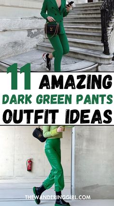 Looking for the perfect dark green pants outfit? Whether you're a woman searching for stylish dark green pants outfit women options or wondering what to wear with green pants, this color is incredibly versatile. Green pants outfits can be dressed up or down, with a simple top for casual days or a blazer for a chic office look. How to style green pants? Pair them with neutral tones, bold prints, or even a leather jacket for a cool vibe. If you're into olive green pants outfit ideas, consider adding cozy sweaters and ankle boots for a perfect fall look. With green pants for every occasion, you can easily transition from day to night with the right accessories. Get inspired with these dark green pants outfit ideas for an effortlessly chic wardrobe! Green Satin Joggers Outfit, Christmas Green Pants Outfit, Green Outfits For Women Casual, Colors That Go With Green Clothes, Green Pants Work Outfit, Green Pants Outfit Black Women, Green Joggers Outfit Casual, Forest Green Pants Outfit