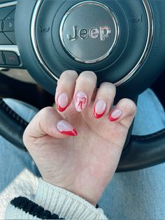 Red French Tips With Candy Cane Ring Finger, Red French Tip Nails For Christmas, Red French With Bow, Christmas Nails With French Tip, Red French Tips With Bow, Candy Cane French Tips, Cute And Simple Christmas Nails, Red French Tip With Snowflake, Red French Tip With Bow