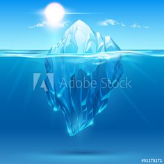 an iceberg floating in the ocean with sun shining over it and blue sky above