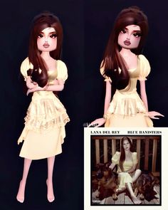 an image of a doll with long hair wearing a yellow dress and holding a brown dog