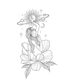 a drawing of a woman sitting on top of a flower with the sun above her head